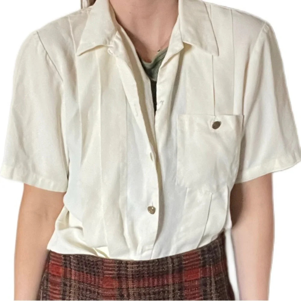 Vintage Melrose Short Sleeve Beige Button Down Shirt Blouse